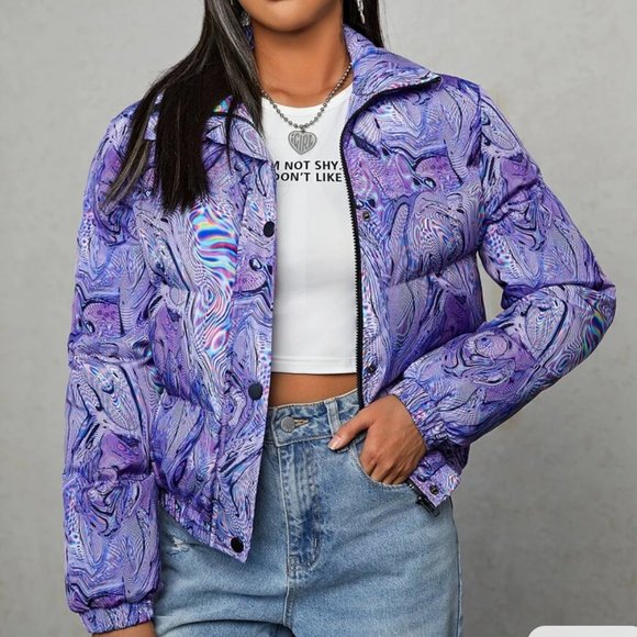 SHEIN Holographic / Trippy Marble Pattern Puffer Coat - Picture 3 of 10